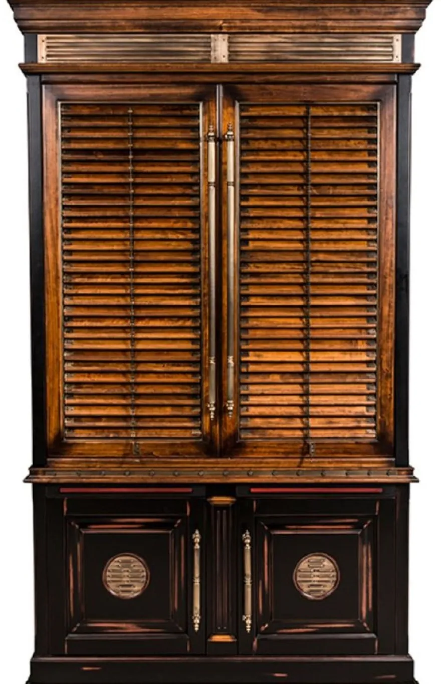 Casa Padrino Luxus Vintage Stil Bücherschrank Braun / Naturfarben / Schwarz 146,5 x 46 x H. 247 cm - Massivholz Schrank - Regalschrank - Wohnzimmerschrank - Büroschrank - Luxus Massivholz Möbel