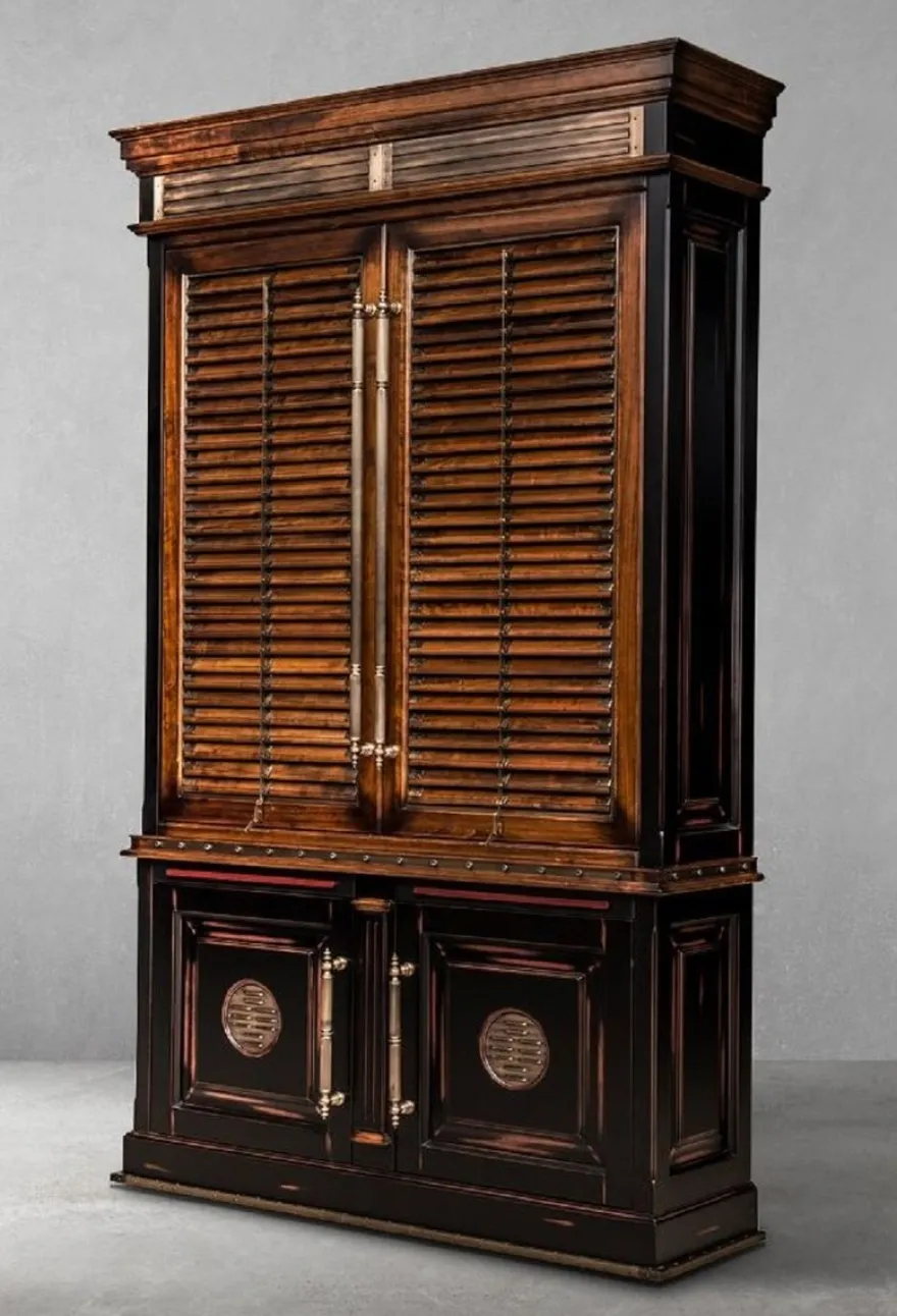 Casa Padrino Luxus Vintage Stil Bücherschrank Braun / Naturfarben / Schwarz 146,5 x 46 x H. 247 cm - Massivholz Schrank - Regalschrank - Wohnzimmerschrank - Büroschrank - Luxus Massivholz Möbel