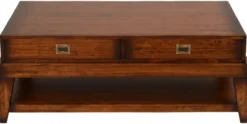 Casa Padrino Luxus Vintage Stil Couchtisch Braun / Messing 124 x 79 x H. 49 cm - Rechteckiger Massivholz Wohnzimmertisch mit Schubladen - Vintage Stil Wohnzimmer Möbel - Luxus Möbel