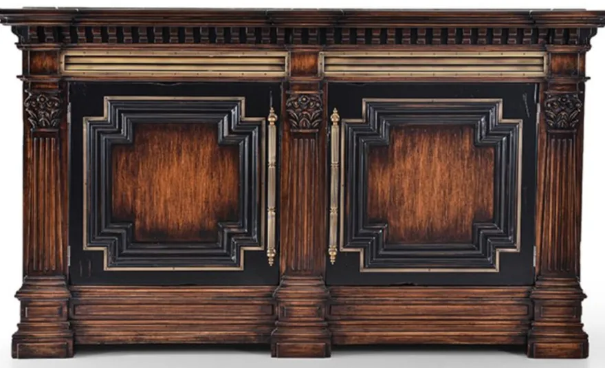 Casa Padrino Luxus Vintage Stil Sideboard mit 2 Türen und Marmorplatte Braun / Naturfarben / Schwarz 212,5 x 56 x H. 123,5 cm - Massivholz Schrank - Vintage Stil Möbel - Luxus Massivholz Möbel