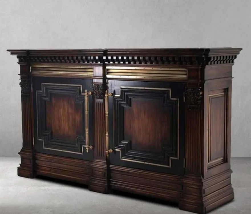 Casa Padrino Luxus Vintage Stil Sideboard mit 2 Türen und Marmorplatte Braun / Naturfarben / Schwarz 212,5 x 56 x H. 123,5 cm - Massivholz Schrank - Vintage Stil Möbel - Luxus Massivholz Möbel