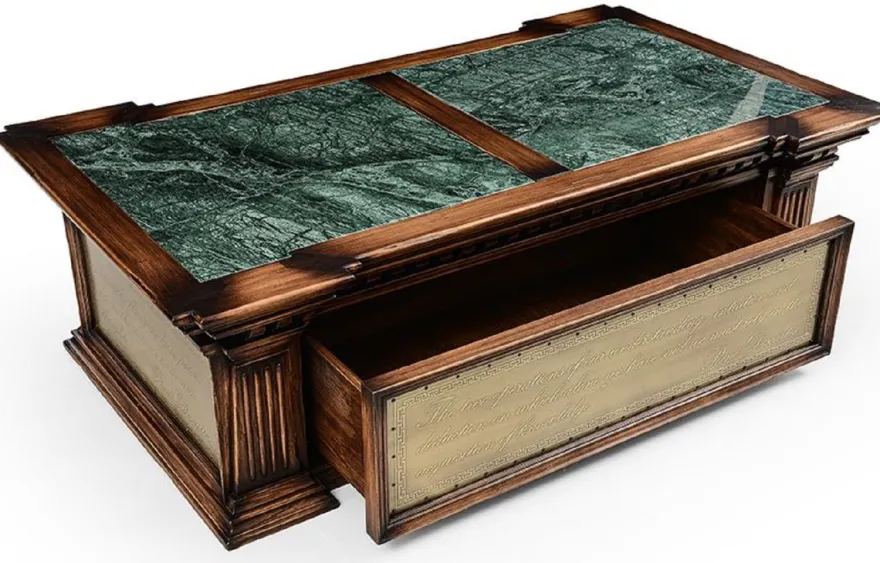 Casa Padrino Luxus Vintage Stil Couchtisch Braun / Grün / Messing 156 x 89,5 x H. 48 cm - Rechteckiger Massivholz Wohnzimmertisch mit Schublade - Luxus Vintage Stil Wohnzimmer Möbel