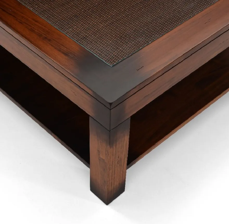 Casa Padrino Luxus Vintage Stil Couchtisch Braun 100 x 100 x H. 45,5 cm - Quadratischer Massivholz Wohnzimmertisch mit Glasplatte - Vintage Stil Wohnzimmer Möbel - Luxus Möbel