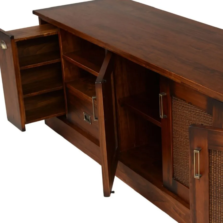 Casa Padrino Luxus Vintage Stil TV Schrank Braun / Messing 204 x 52 x H. 66 cm - Vintage Stil Sideboard mit 3 Türen und 2 Schubladen - Vintage Stil Wohnzimmer Möbel - Luxus Wohnzimmer Möbel