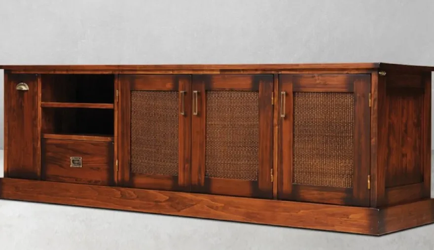 Casa Padrino Luxus Vintage Stil TV Schrank Braun / Messing 204 x 52 x H. 66 cm - Vintage Stil Sideboard mit 3 Türen und 2 Schubladen - Vintage Stil Wohnzimmer Möbel - Luxus Wohnzimmer Möbel