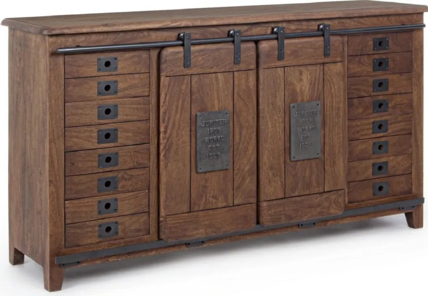 Casa Padrino Luxus Vintage Stil Sideboard mit 2 Schiebetüren und 16 Schubladen Dunkelbraun 168 x 43 x H. 94 cm - Massivholz Schrank - Vintage Stil Möbel - Luxus Möbel - Massivholz Möbel