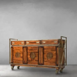 Casa Padrino Luxus Vintage Stil Sideboard mit 3 Schubladen und 3 Türen Braun / Messing 200 x 45 x H. 112,5 cm - Vintage Stil Schrank - Massivholz Möbel - Vintage Stil Möbel - Luxus Möbel