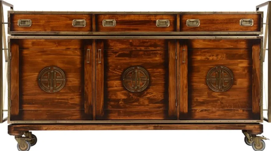Casa Padrino Luxus Vintage Stil Sideboard mit 3 Schubladen und 3 Türen Braun / Messing 200 x 45 x H. 112,5 cm - Vintage Stil Schrank - Massivholz Möbel - Vintage Stil Möbel - Luxus Möbel