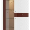 Casa Padrino Luxus Vitrinenschrank Weiß / Hochglanz Braun 111,2 x 45 x H. 205 cm - Beleuchteter Wohnzimmerschrank mit 2 Türen und Schublade - Wohnzimmermöbel