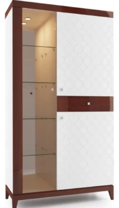 Casa Padrino Luxus Vitrinenschrank Weiß / Hochglanz Braun 111,2 x 45 x H. 205 cm - Beleuchteter Wohnzimmerschrank mit 2 Türen und Schublade - Wohnzimmermöbel