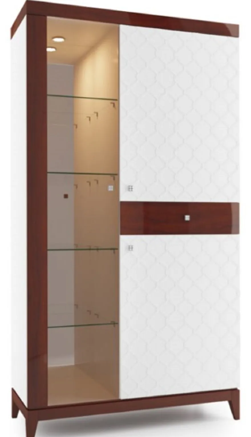 Casa Padrino Luxus Vitrinenschrank Weiß / Hochglanz Braun 111,2 x 45 x H. 205 cm - Beleuchteter Wohnzimmerschrank mit 2 Türen und Schublade - Wohnzimmermöbel