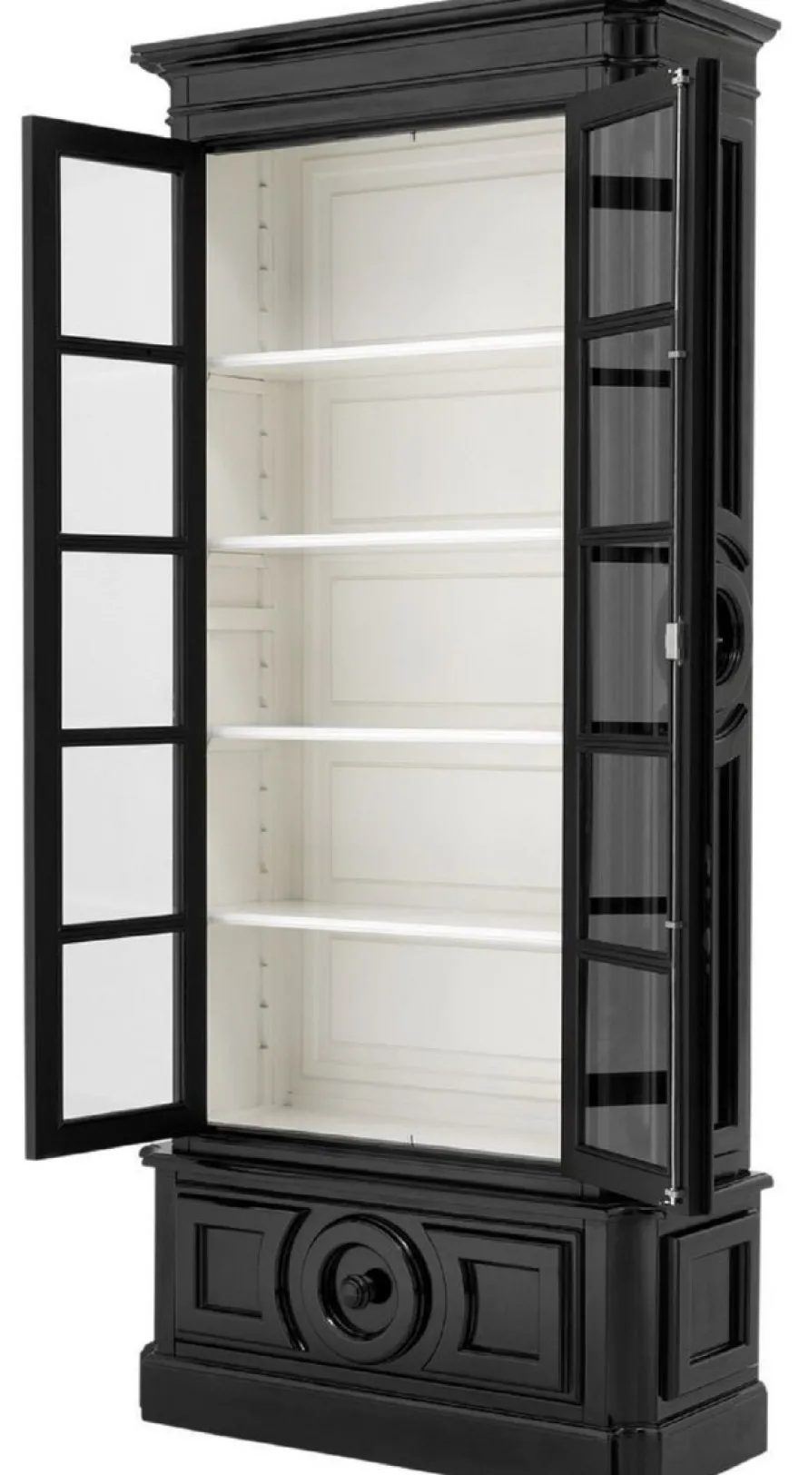 Casa Padrino Luxus Vitrine Schwarz / Weiß 113 x 46 x H. 240 cm - Massivholz Vitrinenschrank - Wohnzimmerschrank mit 2 Glastüren und Schublade - Luxus Qualität