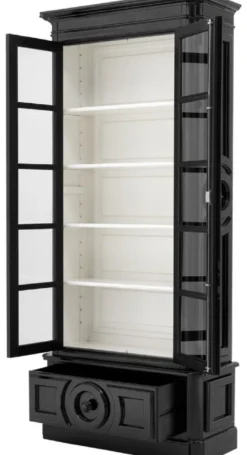 Casa Padrino Luxus Vitrine Schwarz / Weiß 113 x 46 x H. 240 cm - Massivholz Vitrinenschrank - Wohnzimmerschrank mit 2 Glastüren und Schublade - Luxus Qualität