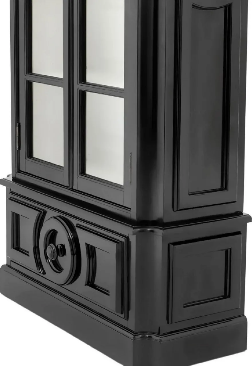 Casa Padrino Luxus Vitrine Schwarz / Weiß 113 x 46 x H. 240 cm - Massivholz Vitrinenschrank - Wohnzimmerschrank mit 2 Glastüren und Schublade - Luxus Qualität