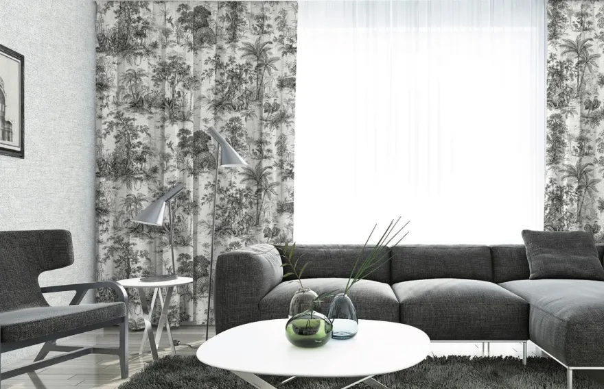 Casa Padrino Luxus Vorhang Set Dschungel Weiß / Schwarz 250 x H. 290 cm - Bedruckte Leinen & Samt Vorhänge - Ösenvorhänge - Schiebevorhänge - Wohnzimmer Schlafzimmer Vorhänge