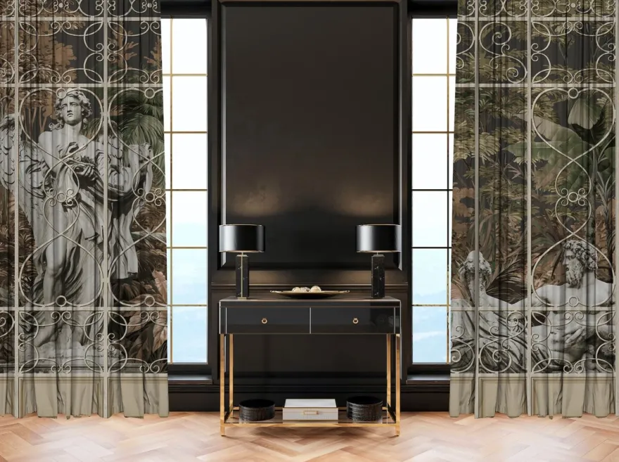 Casa Padrino Luxus Vorhang Set Barock Skulpturen Mehrfarbig 250 x H. 290 cm - Bedruckte Samt Vorhänge - Ösenvorhänge - Schiebevorhänge - Luxus Qualität
