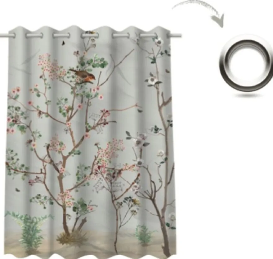 Casa Padrino Luxus Vorhang Set Pflanzen & Vögel Grau / Mehrfarbig 250 x H. 290 cm - Bedruckte Leinen & Samt Vorhänge - Ösenvorhänge - Schiebevorhänge - Luxus Deko Accessoires