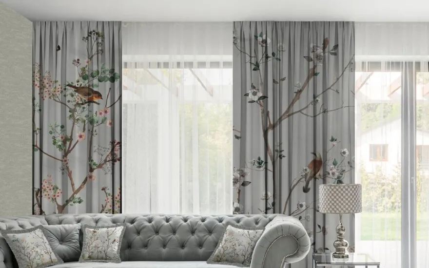 Casa Padrino Luxus Vorhang Set Pflanzen & Vögel Grau / Mehrfarbig 250 x H. 290 cm - Bedruckte Leinen & Samt Vorhänge - Ösenvorhänge - Schiebevorhänge - Luxus Deko Accessoires