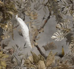 Casa Padrino Luxus Vorhang Set Weißer Pfau im Wald Grau / Mehrfarbig 250 x H. 290 cm - Bedruckte Samt Gardinen - Ösenvorhänge - Wohnzimmer Vorhänge - Luxus Vorhänge - Luxus Qualität
