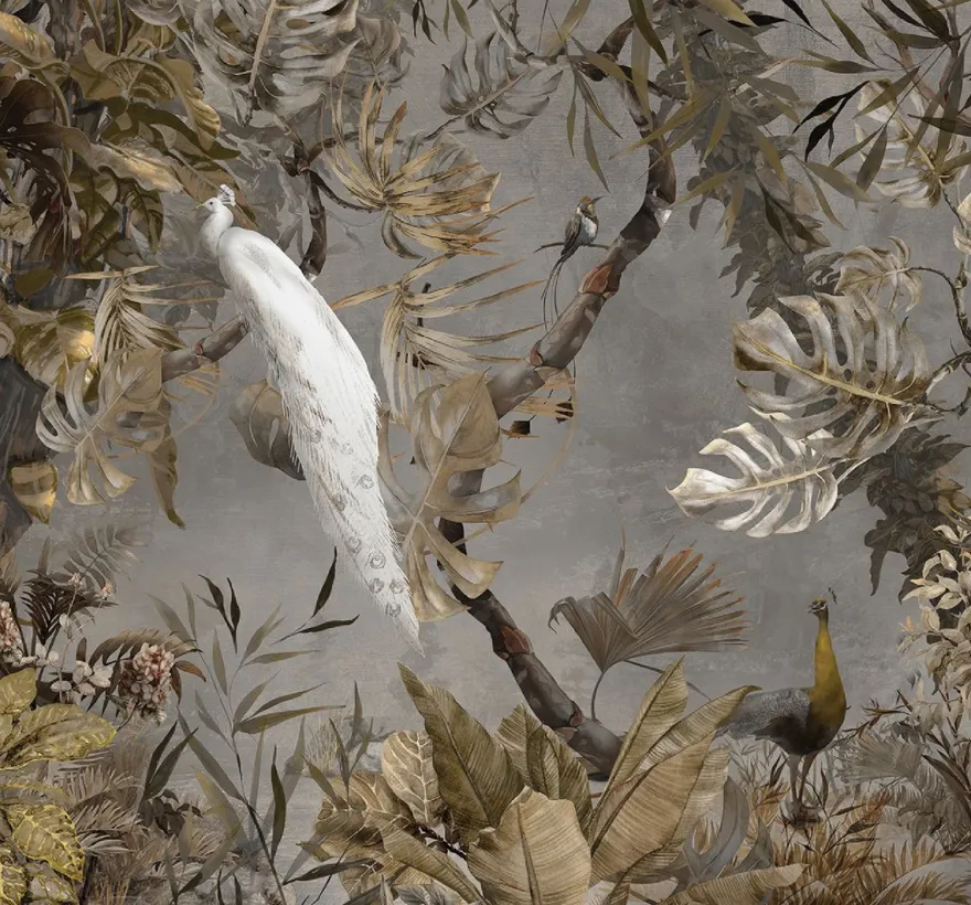Casa Padrino Luxus Vorhang Set Weißer Pfau im Wald Grau / Mehrfarbig 250 x H. 290 cm - Bedruckte Samt Gardinen - Ösenvorhänge - Wohnzimmer Vorhänge - Luxus Vorhänge - Luxus Qualität
