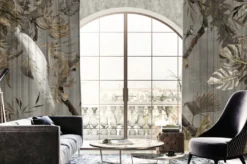 Casa Padrino Luxus Vorhang Set Weißer Pfau im Wald Grau / Mehrfarbig 250 x H. 290 cm - Bedruckte Leinen & Samt Vorhänge - Ösenvorhänge - Schiebevorhänge - Luxus Wohnzimmer Vorhänge