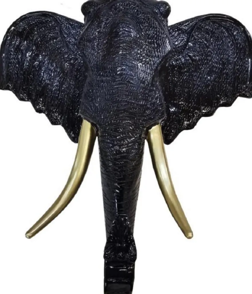 Casa Padrino Luxus Wanddeko Skulptur Elefantenkopf Schwarz / Gold 105 x 48 x H. 107 cm - Große Wanddeko Figur - XXL Wanddeko Skulptur - XXL Wanddeko Figur - Wohnzimmer Deko - Luxus XXL Figuren
