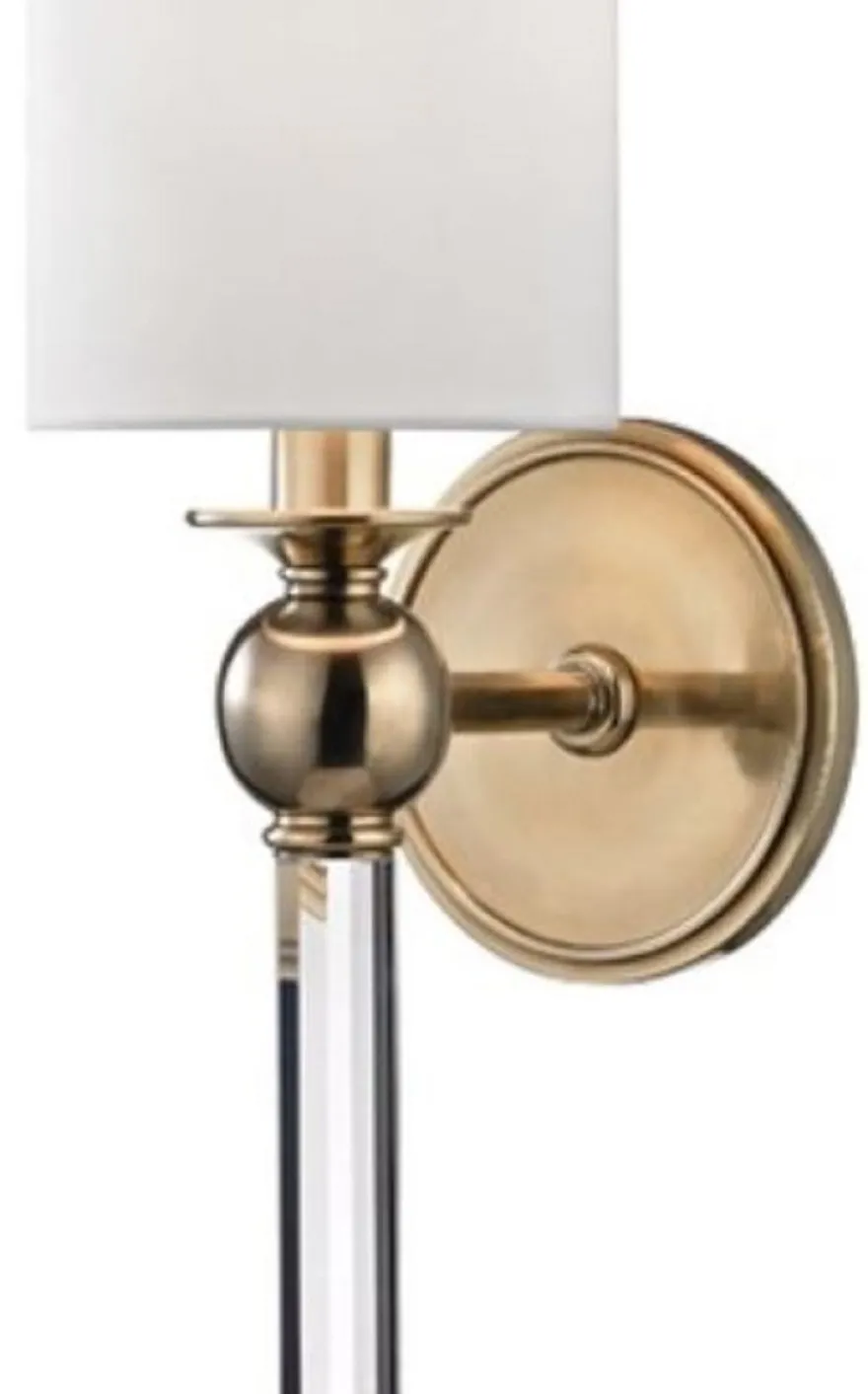 Casa Padrino Luxus Wandleuchte Antik Messingfarben / Weiß 12,7 x 17,2 x H. 56,5 cm - Wandlampe mit Kristallglas und rundem Seiden Lampenschirm