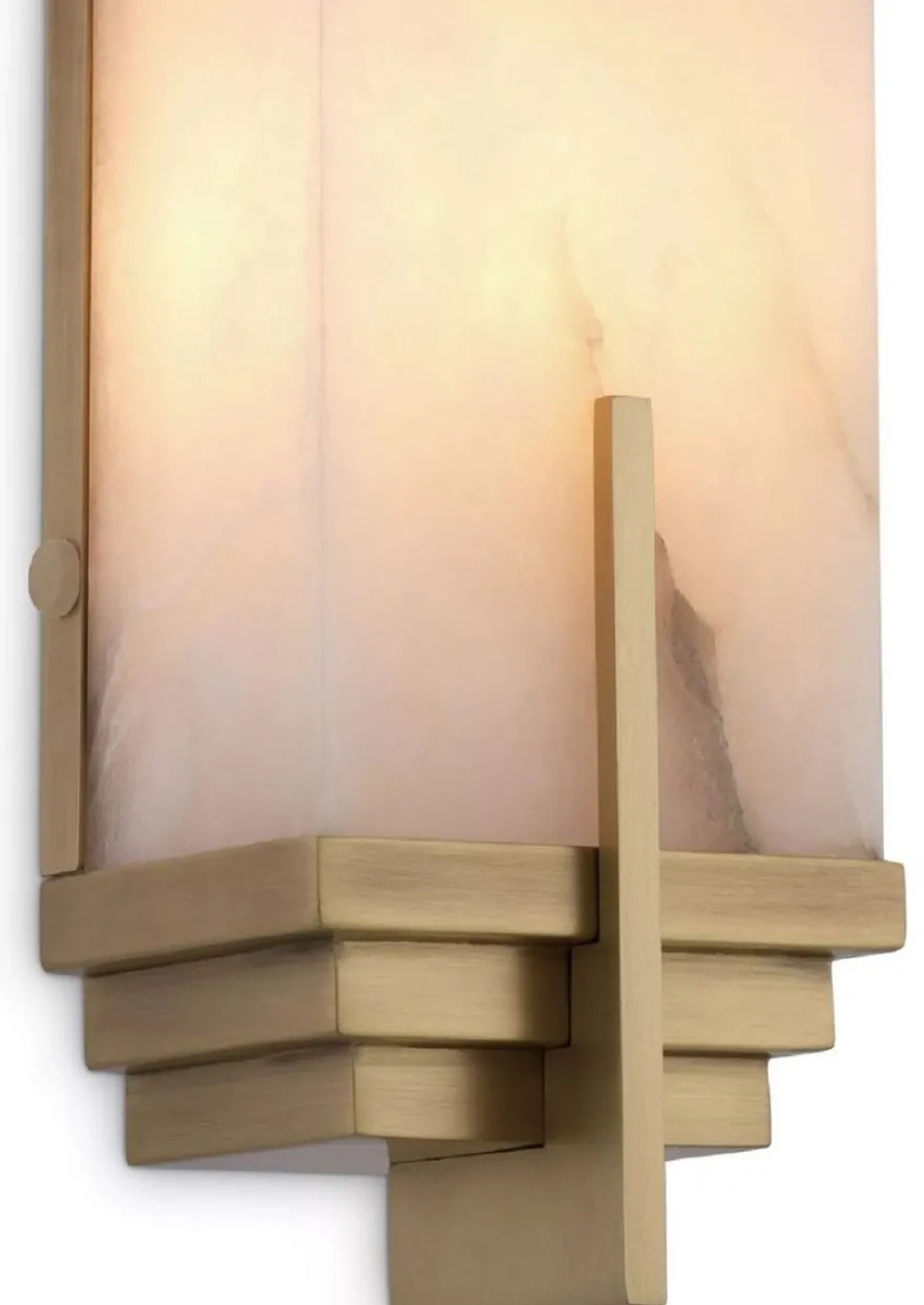 Casa Padrino Luxus Wandleuchte Antik Messing / Alabaster 10,5 x 8,5 x H. 51 cm - Wandlampe mit Alabaster Lampenschirm - Luxus Leuchten