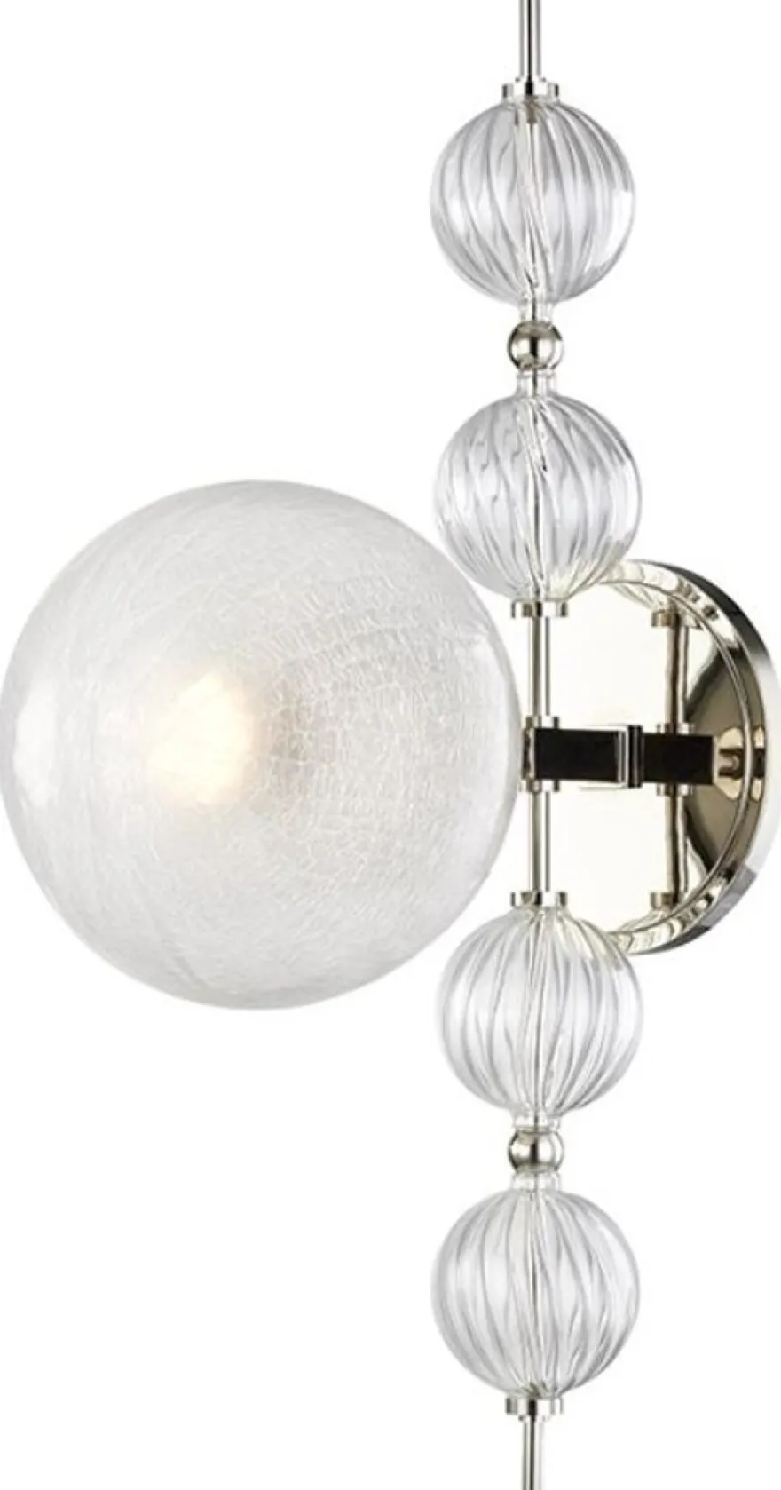 Casa Padrino Luxus Wandleuchte Silber 19 x 29 x H. 56 cm - Moderne Metall Wandlampe mit geriffelten spiralförmigen Hohlglaskugeln und kugelförmigem Glas Lampenschirm