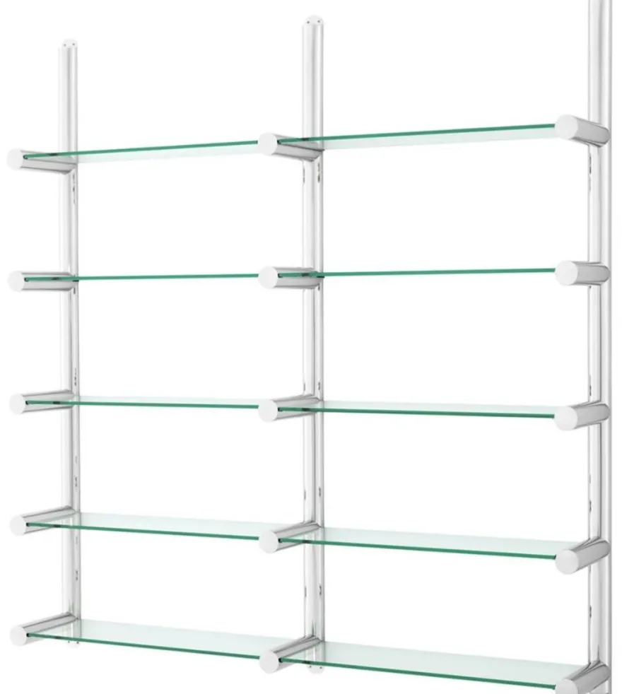 Casa Padrino Luxus Wandregal / Bücherregal in Silber - Edelstahl poliert und Glas - 211,5 x 33 x H. 228 cm