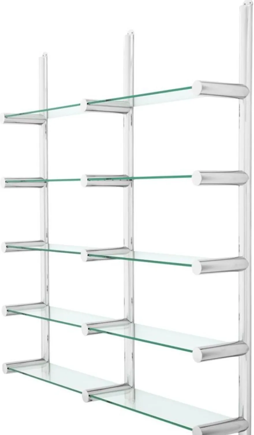 Casa Padrino Luxus Wandregal / Bücherregal in Silber - Edelstahl poliert und Glas - 211,5 x 33 x H. 228 cm