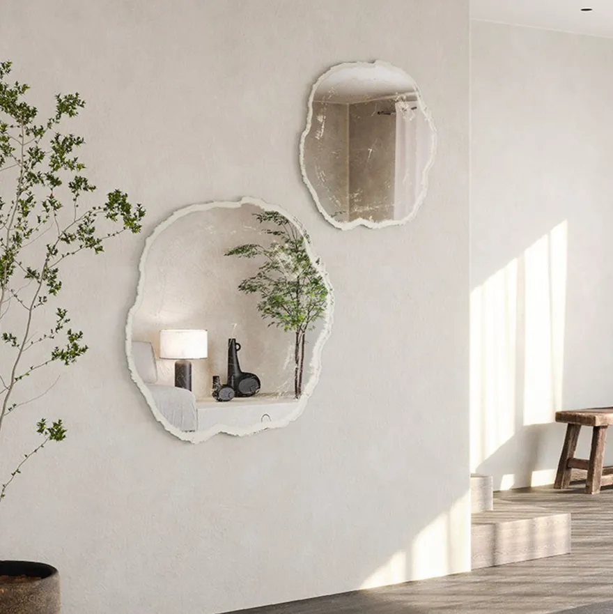 Casa Padrino Luxus Wandspiegel im Baumscheiben Design Weiß / Beige 80 x 2,5 x H. 78 cm - Wohnzimmer Spiegel - Schlafzimmer Spiegel - Garderoben Spiegel - Luxus Möbel - Luxus Interior