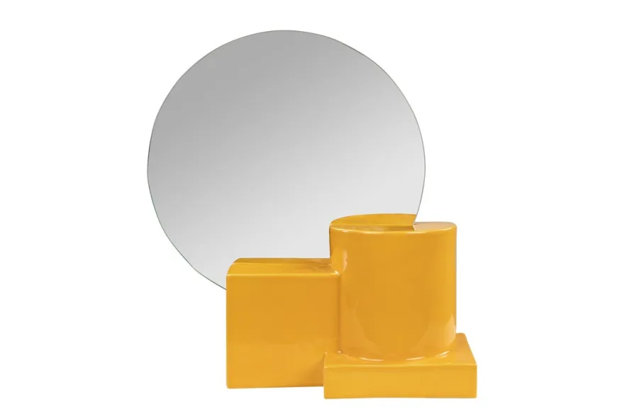 Casa Padrino Luxus Wandspiegel Gelb 35,5 x 12,5 x H. 38,5 cm - Kleiner Tisch- und Wandspiegel mit Steingut Rahmen im Poppy Yellow Finish - Luxus Deko Accessoires