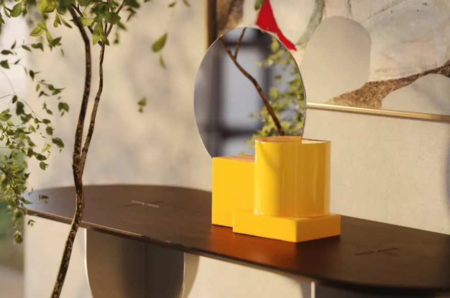Casa Padrino Luxus Wandspiegel Gelb 35,5 x 12,5 x H. 38,5 cm - Kleiner Tisch- und Wandspiegel mit Steingut Rahmen im Poppy Yellow Finish - Luxus Deko Accessoires