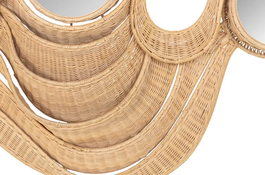 Casa Padrino Luxus Wandspiegel Naturfarben 165 x 12 x H. 88 cm - Breiter Wandspiegel im Querformat mit Rahmen aus geflochtenem Rattan auf Stahlgestell - Luxus Deko Accessoires