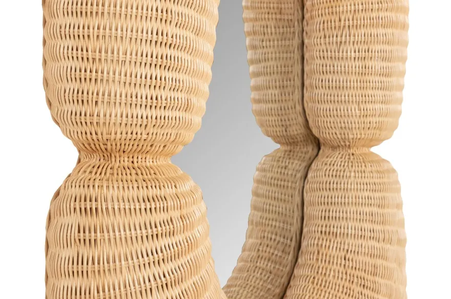 Casa Padrino Luxus Wandspiegel Naturfarben 75 x 17 x H. 120 cm - Wandspiegel mit tiefem Rahmen aus geflochtenem Rattan - Luxus Deko Accessoires