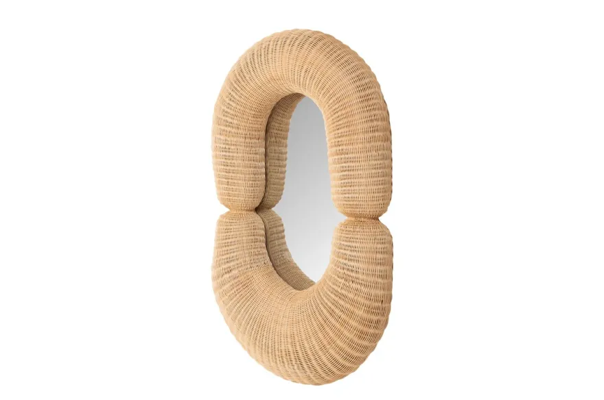 Casa Padrino Luxus Wandspiegel Naturfarben 75 x 17 x H. 120 cm - Wandspiegel mit tiefem Rahmen aus geflochtenem Rattan - Luxus Deko Accessoires