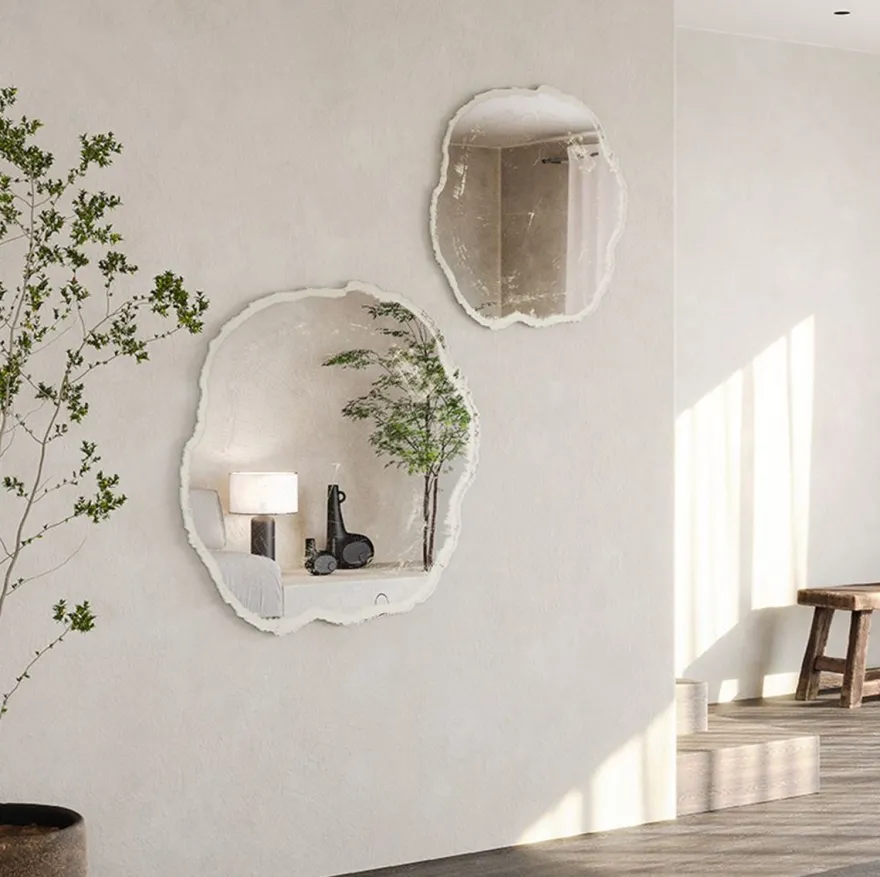 Casa Padrino Luxus Wandspiegel im Baumscheiben Design Weiß / Beige 101 x 2,5 x H. 98 cm - Wohnzimmer Spiegel - Schlafzimmer Spiegel - Garderoben Spiegel - Luxus Möbel - Luxus Interior