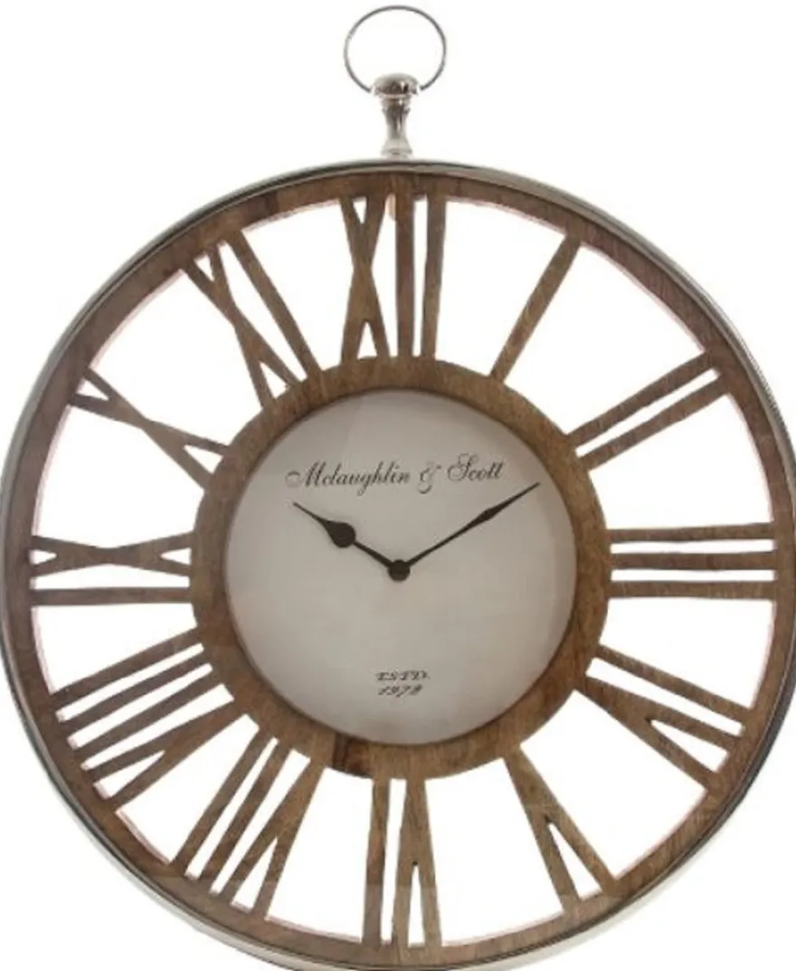 Casa Padrino Luxus Wanduhr im Design einer antiken Taschenuhr Silber / Naturfarben Ø 50 cm - Dekorative runde Uhr mit einem Ziffernblatt aus unbehandeltem Holz