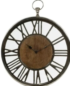 Casa Padrino Luxus Wanduhr im Design einer antiken Taschenuhr Silber / Naturfarben Ø 45 cm - Dekorative runde Uhr mit einem Ziffernblatt aus unbehandeltem Holz
