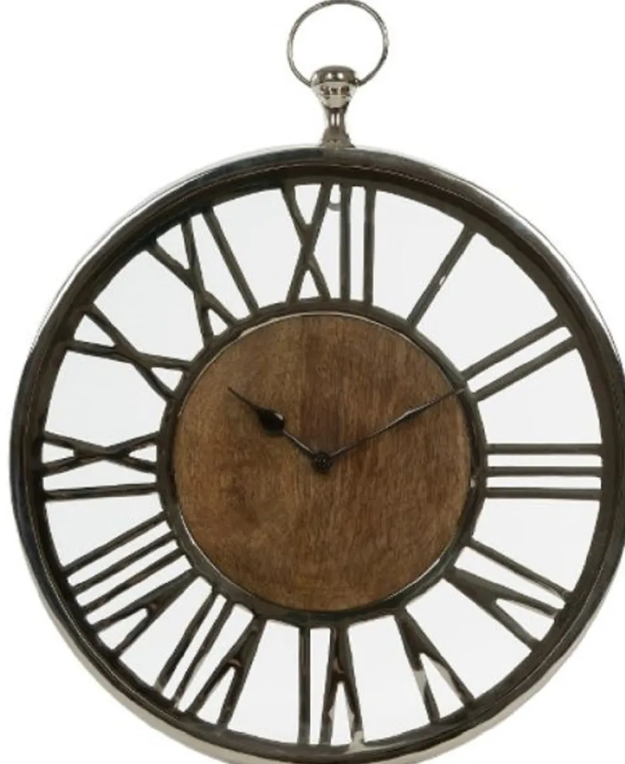 Casa Padrino Luxus Wanduhr im Design einer antiken Taschenuhr Silber / Naturfarben Ø 45 cm - Dekorative runde Uhr mit einem Ziffernblatt aus unbehandeltem Holz
