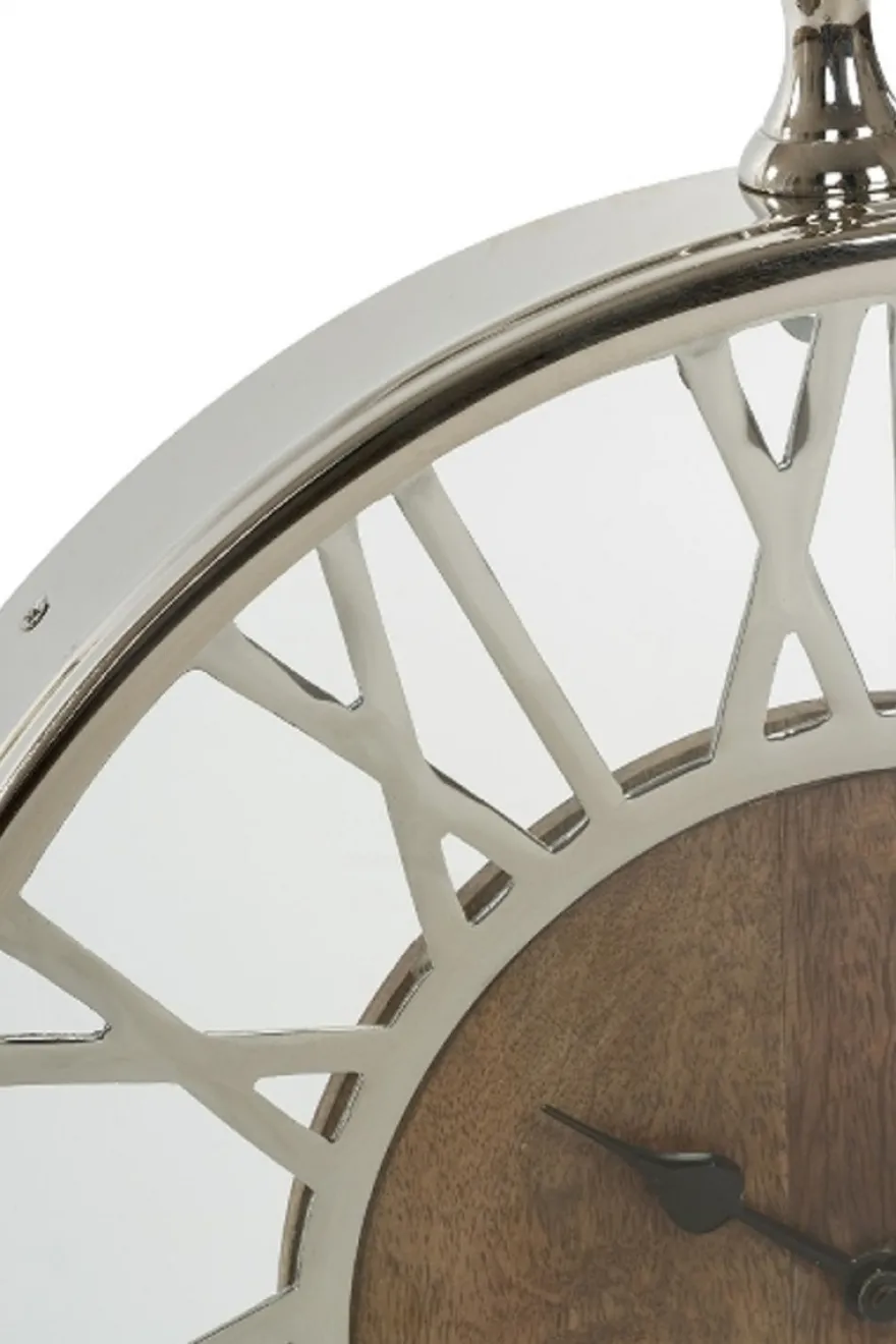 Casa Padrino Luxus Wanduhr im Design einer antiken Taschenuhr Silber / Naturfarben Ø 45 cm - Dekorative runde Uhr mit einem Ziffernblatt aus unbehandeltem Holz