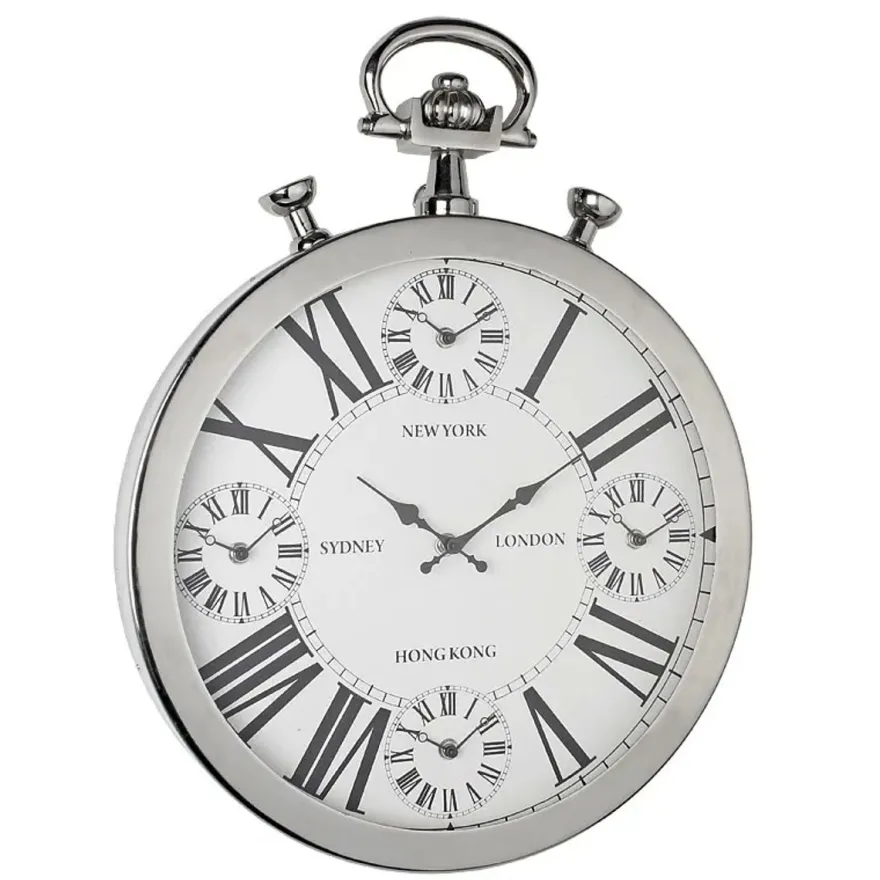 Casa Padrino Luxus Weltzeituhr Silber 40 x 5 x H. 52 cm - Wanduhr im Design einer antiken Taschenuhr