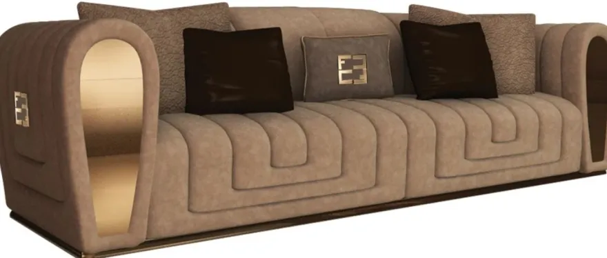 Casa Padrino Luxus Wildleder Sofa mit dekorativen Kissen Taupefarben / Gold 260 x 100 x H. 76 cm - Hotel Möbel - Luxus Qualität - Made in Italy