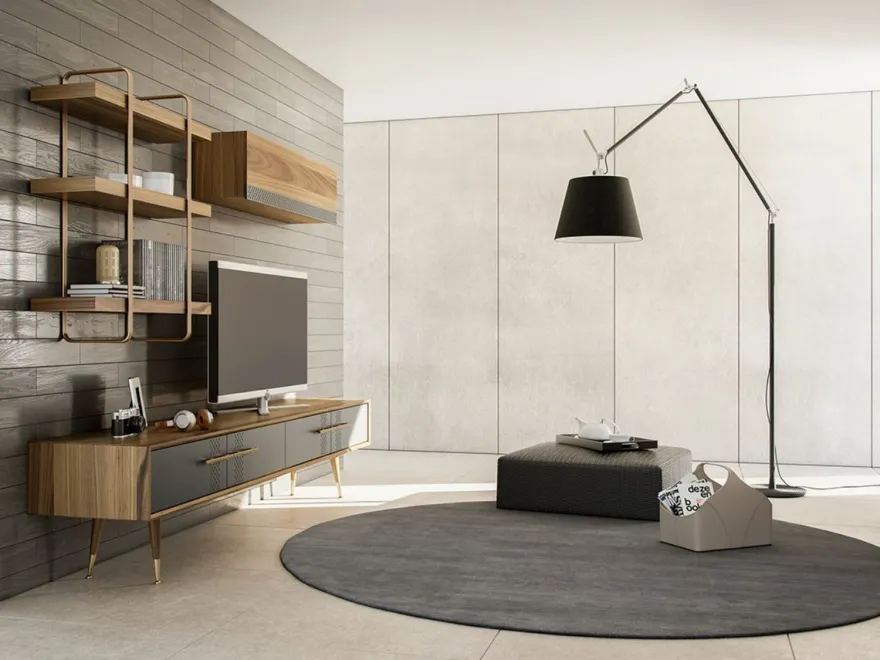Casa Padrino Luxus Wohnzimmer TV Schrank Set Braun / Grau / Messingfarben - 1 TV Schrank & 1 Hängeschrank & 1 Wandregal - Edles Wohnzimmer Möbel Set - Luxus Möbel
