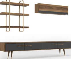 Casa Padrino Luxus Wohnzimmer TV Schrank Set Braun / Grau / Messingfarben - 1 TV Schrank & 1 Hängeschrank & 1 Wandregal - Edles Wohnzimmer Möbel Set - Luxus Möbel
