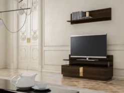 Casa Padrino Luxus Wohnzimmer TV Schrank Set Braun / Gold - 1 TV Schrank & 1 Wandregal - Edles Wohnzimmer Möbel Set - Luxus Qualität