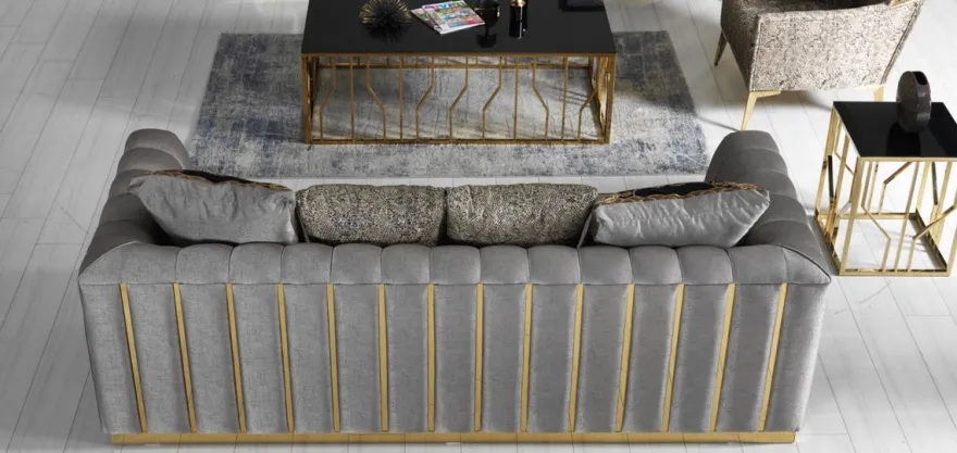 Casa Padrino Luxus Wohnzimmer Sofa mit dekorativen Kissen Grau / Gold 240 x 92 x H. 78 cm - Luxus Wohnzimmer Möbel