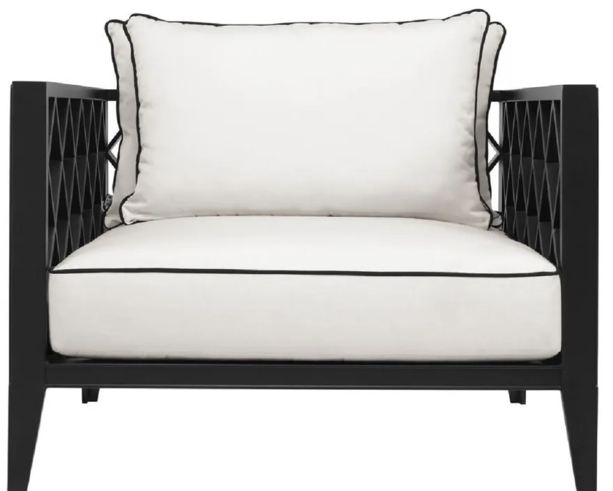 Casa Padrino Luxus Wohnzimmer Sessel mit Kissen Mattschwarz / Weiß 96,5 x 93,5 x H. 68,5 cm - Wohnzimmer Möbel