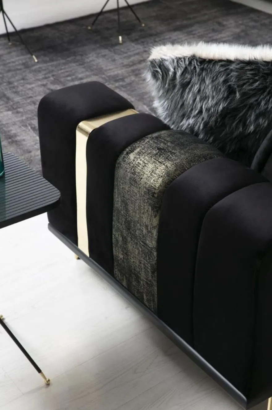 Casa Padrino Luxus Wohnzimmer Sofa mit verstellbarer Rückenlehne Schwarz / Gold 223 x 93 x H. 76 cm - Wohnzimmer Möbel - Luxus Möbel